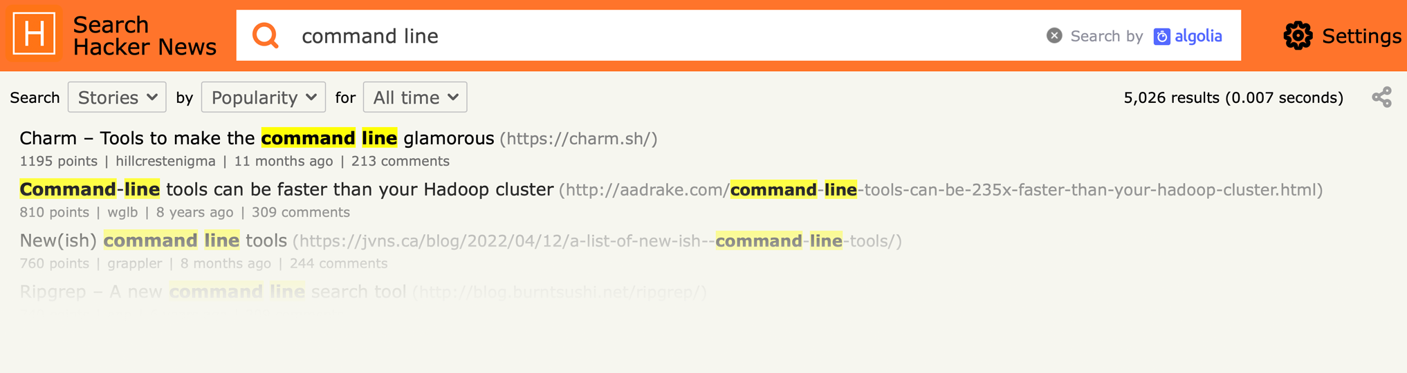 A screenshot of the Hacker News website with a search for ‘command line’